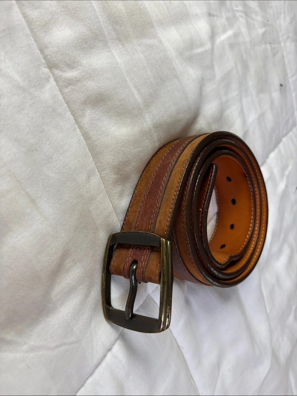 Orvis Two-Tone Brown Leather Belt with Brushed Metal Buckle